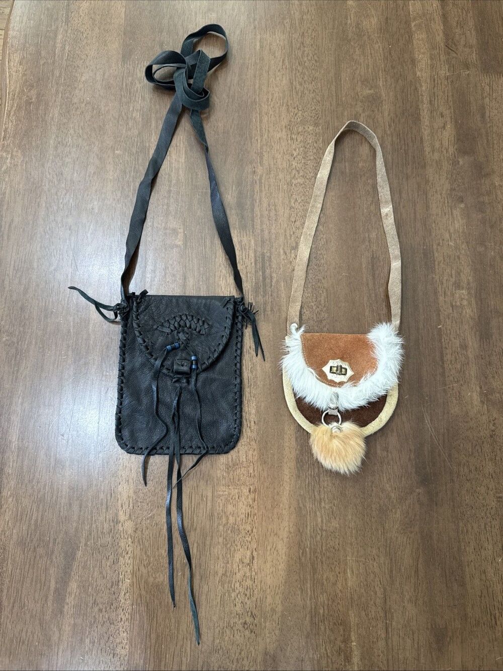 Boho Leather Bag Lot 2 Fringe Fur Shoulder Bag Mini Pouch Western Artisan Y2K